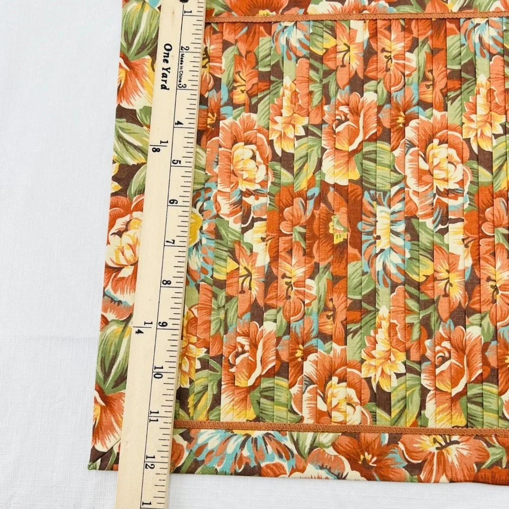 Set of 6 Vintage Floral Placemats Orange Rust Green Quilted Pleated Fall Decor‎